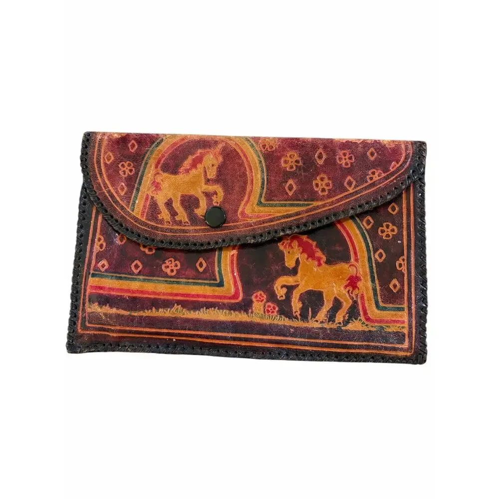 Vintage Shantiniketan Tooled Leather Unicorn Clutch Wallet Boho Handcrafted